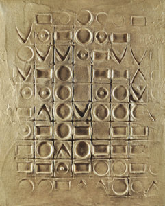 "Messages - Les Amours n°13", 2015. Mortier, vernis et poussière de Massada sur toile, 41 x 33 cm.