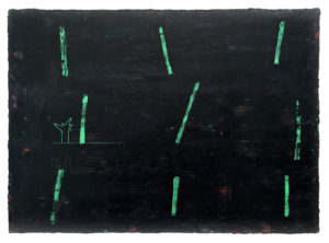 Noir 9 troncs et cerisier, 2023. Huile sur toile, 54 x 73 cm.