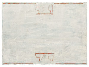 Blanc de titane 4 chênes rouge vermillon, 2023. Huile sur toile, 54 x 73 cm.