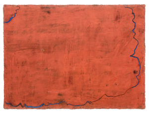 Rouge vermillon bordure de mer bleu vif, 2023. Huile sur toile, 54 x 73 cm.