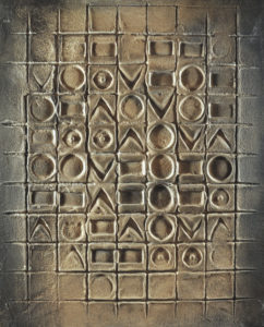 "Messages - Les Amours n°16", 2015. Mortier, vernis et poussière de Massada sur toile, 41 x 33 cm.