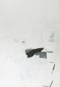 "Trace hivernale 1", 2019. Peinture, collage, dessin sur papier marouflé sur panneau bois, 147 x 100 cm.