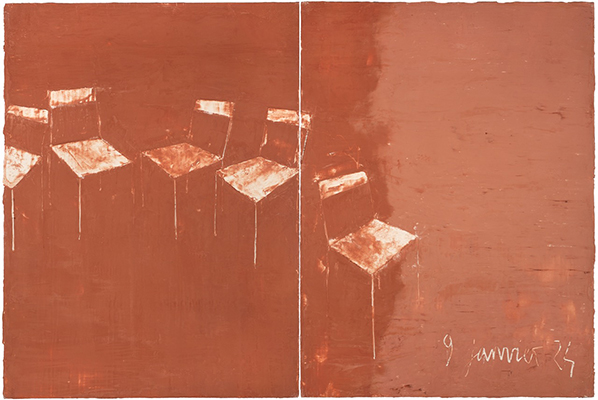 Les chaises du 9 janvier 24 (diptyque), 2024. Acrylique, poudre de marbre et pigments sur toile. 130 x 194 cm. ©Bertrand Hugues