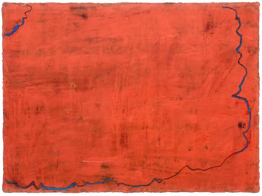 Olivier AUBRY, Rouge vermillon bordure de mer bleu vif, 2023. Huile sur toile, 54 x 73 cm.