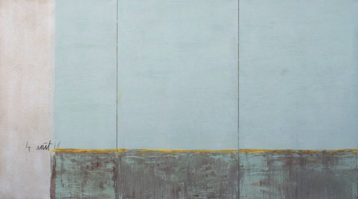 Jean Pierre SCHNEIDER, Le mur du 4 août 16 (triptyque), 2016. Acrylique, poudre de marbre et pigments sur toile, 195 x 345 cm.