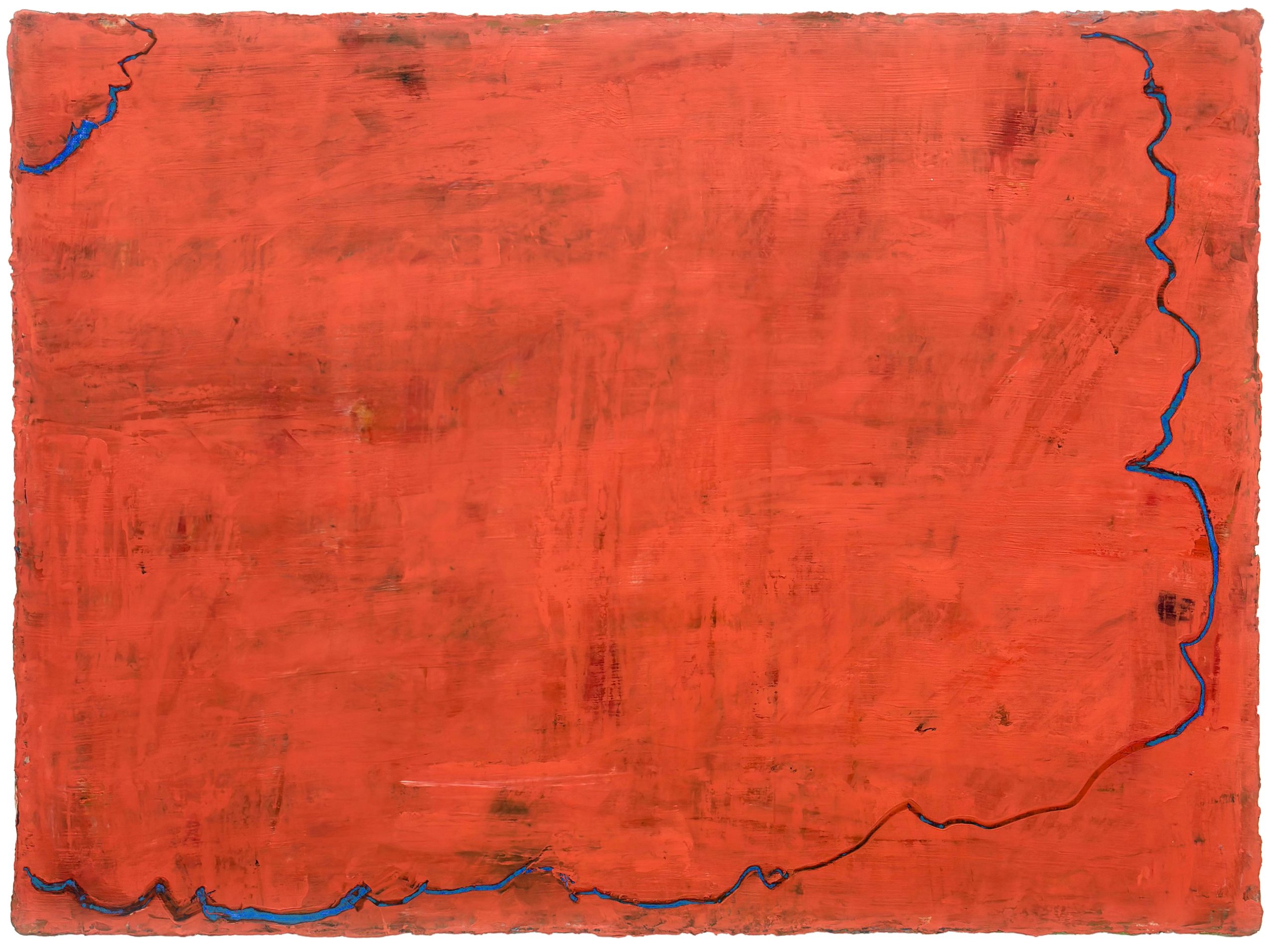 Olivier AUBRY, Rouge vermillon bordure de mer bleu vif, 2023. Huile sur toile, 54 x 73 cm.