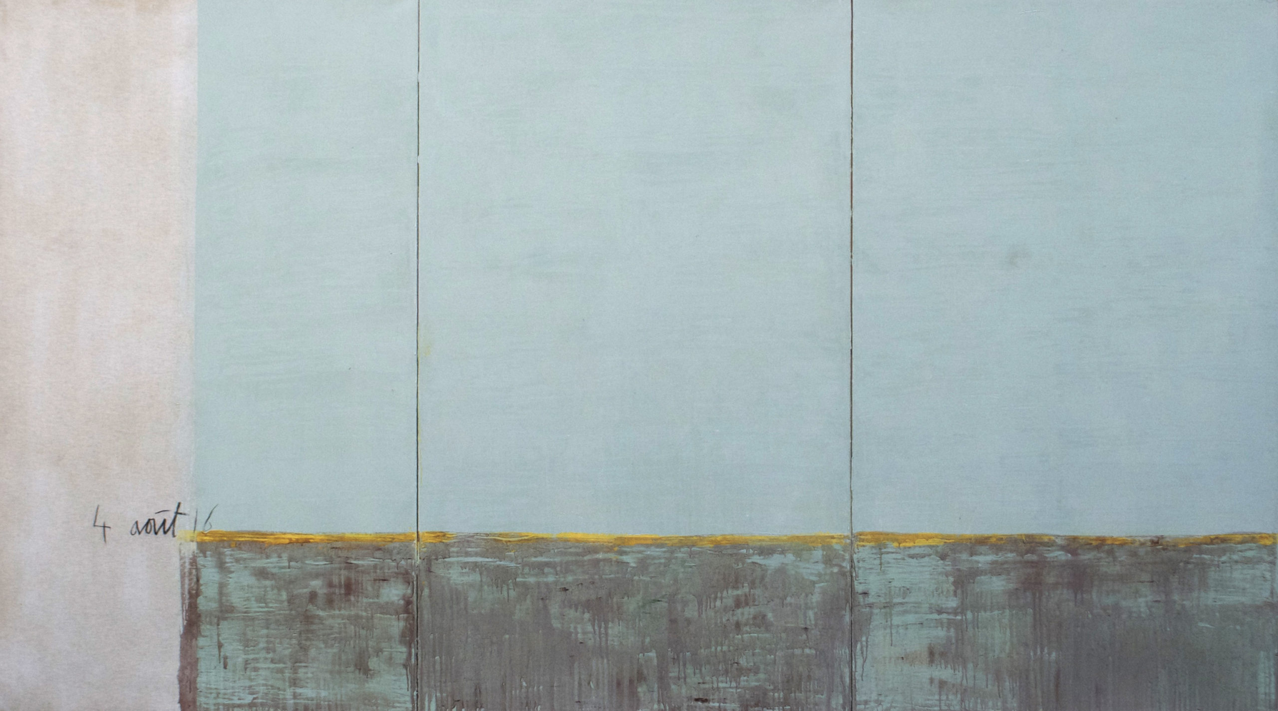 Jean Pierre SCHNEIDER, Le mur du 4 août 16 (triptyque), 2016. Acrylique, poudre de marbre et pigments sur toile, 195 x 345 cm.